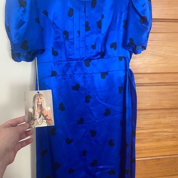 NWT Early 2000s Blue Satin Betsy Johnson Wrap dress w/ Black Hearts. Size 10 - Picture 3 of 9